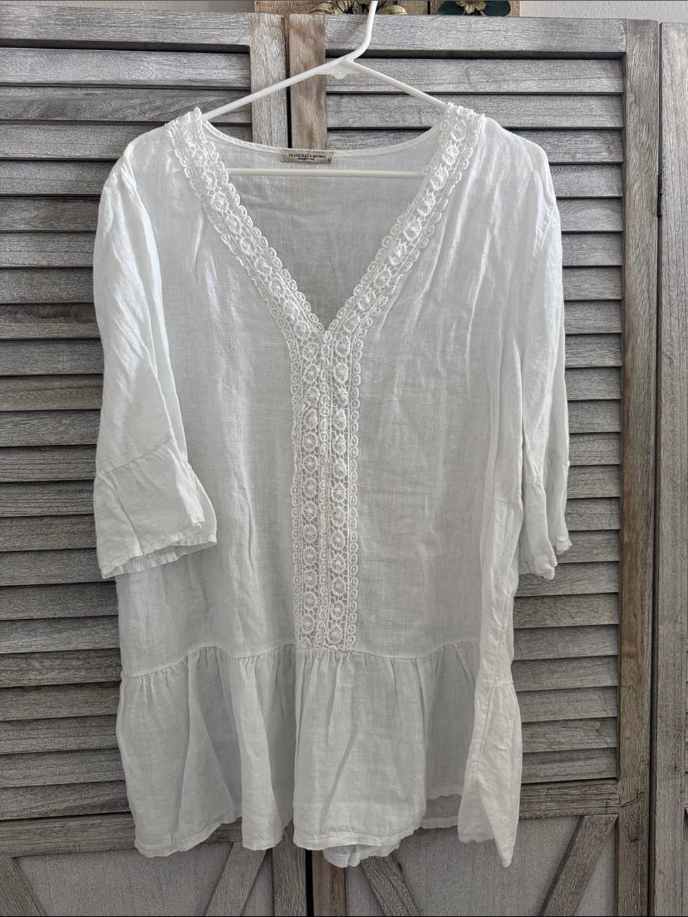 White Lace-Trim V-Neck Peplum Tunic Top